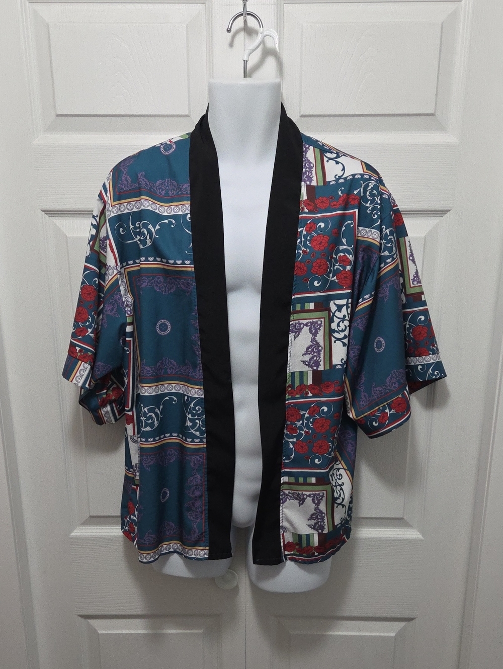 Junarose XL Teal Multi Patterned Cardigan/Kimono with Black Trim
